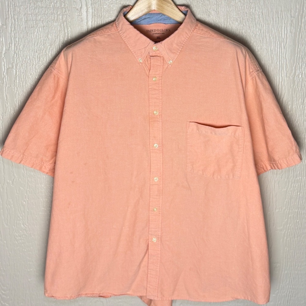 Faded Glory Mens 3XL Short Sleeve Oxford Button Down Shirt Peach Orange Cotton